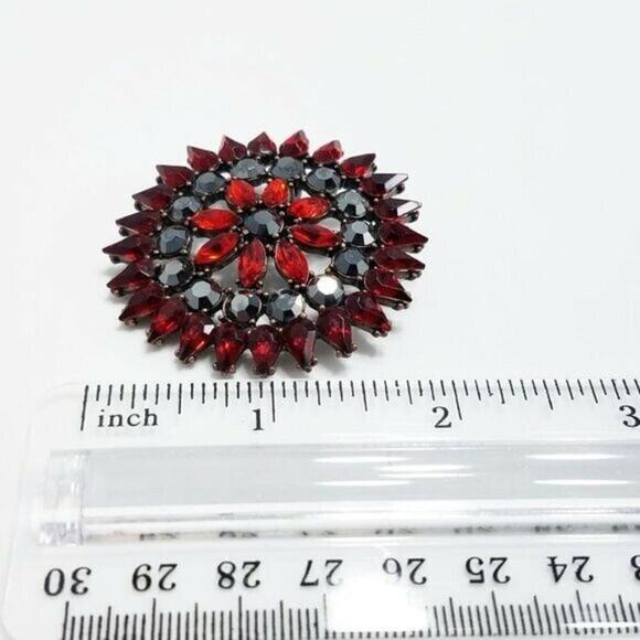 Red Silver Flower Sunburst Rhinestone Brooch Pendant Combo, 2 Inches, 1990s - Picture 4 of 7